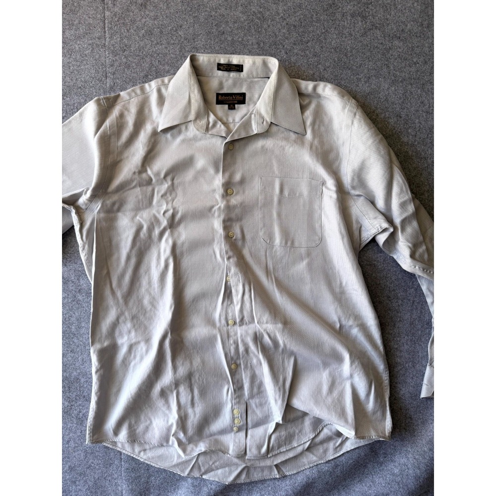 Roberto Villini Collezione Dress Shirt Mens 16 Beige Herringbone Cotton Business